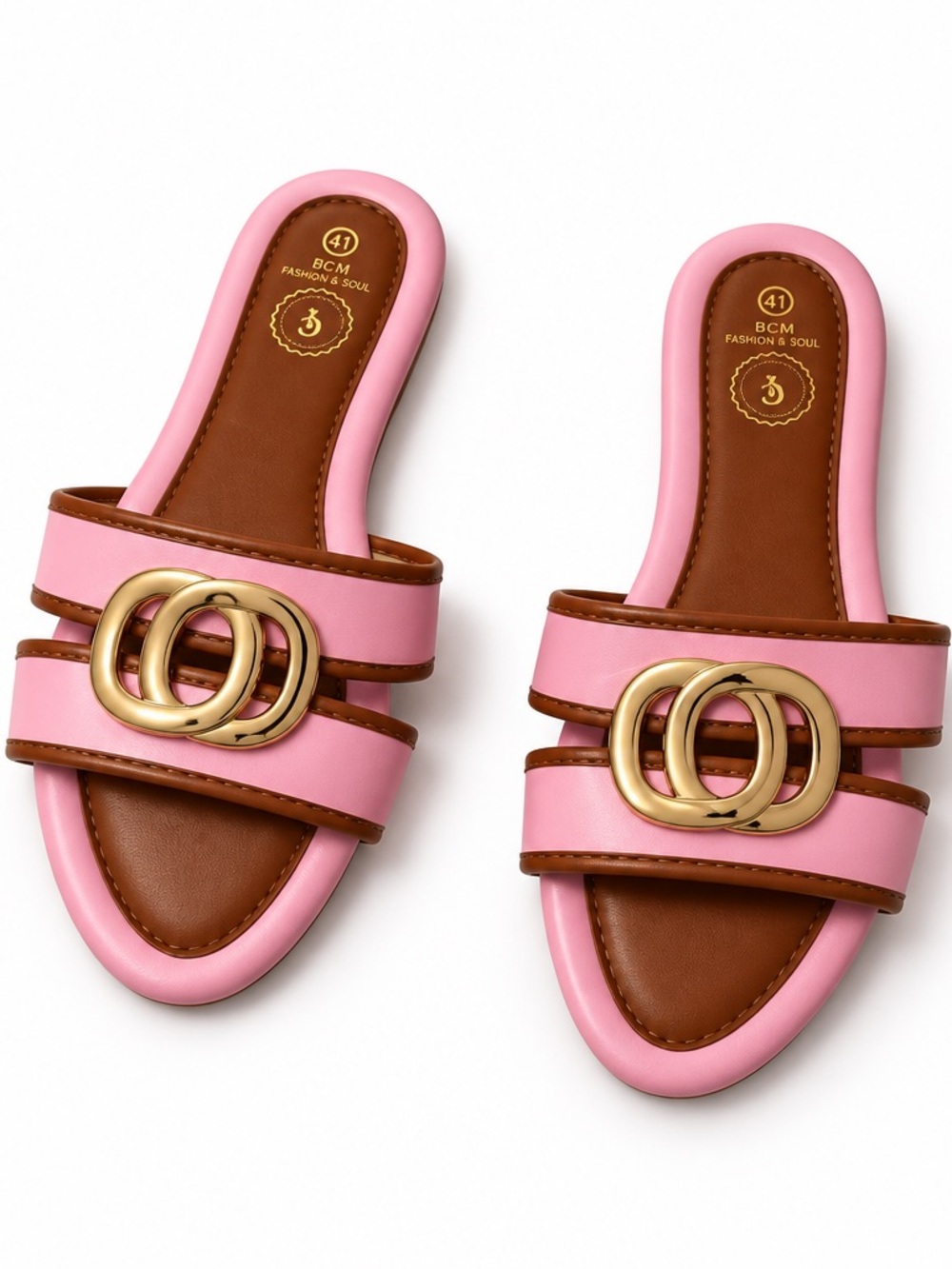 Pink Double-Band Slide Sandals with Gold Rings